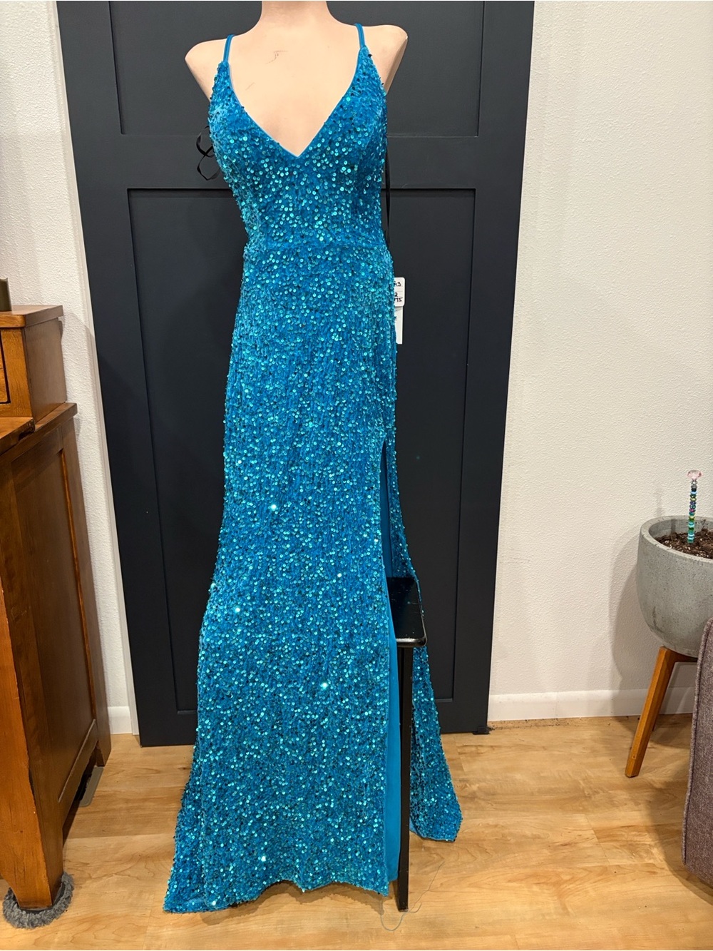 612. Alyce Paris Sequined Teal Blue Evening Gown with Side Slit